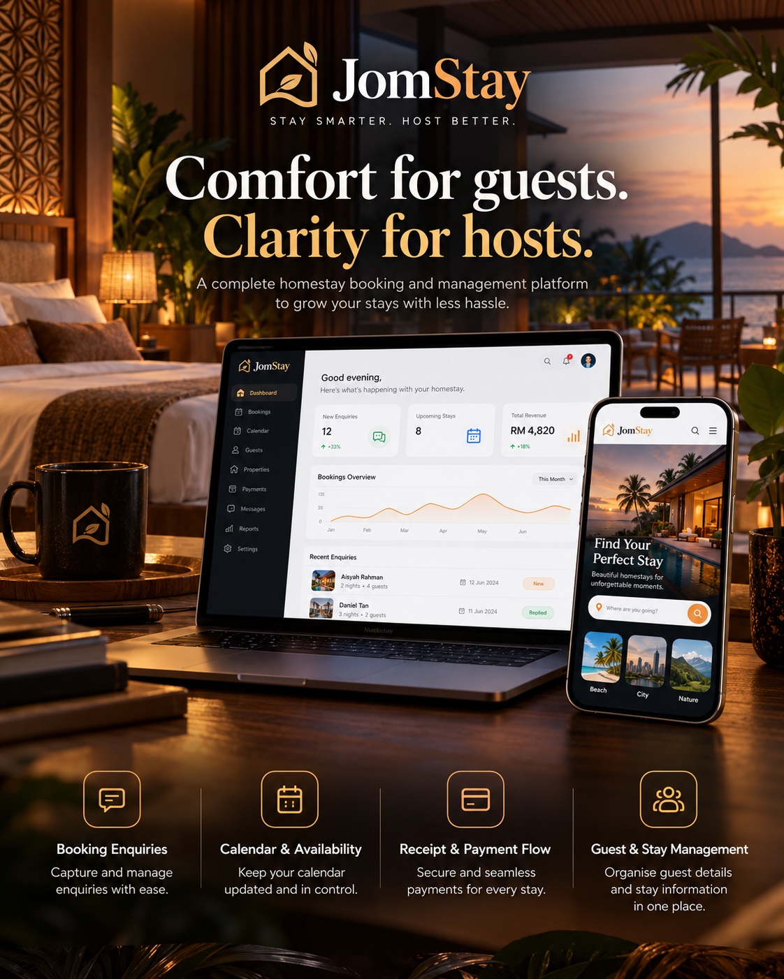 Poster showcase JomStay: Comfort for guests, Clarity for hosts.